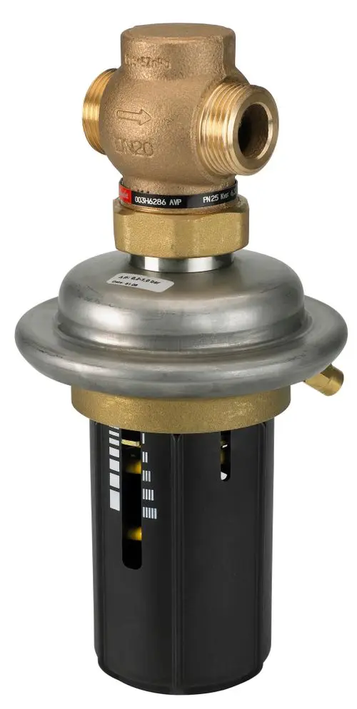 Danfoss Differenzdruckregler mit metallischem Oberteil und Kunststoffkörper, Anschluss für Druckleitungen, geformte Anzeigen auf der seitlichen Oberfläche.